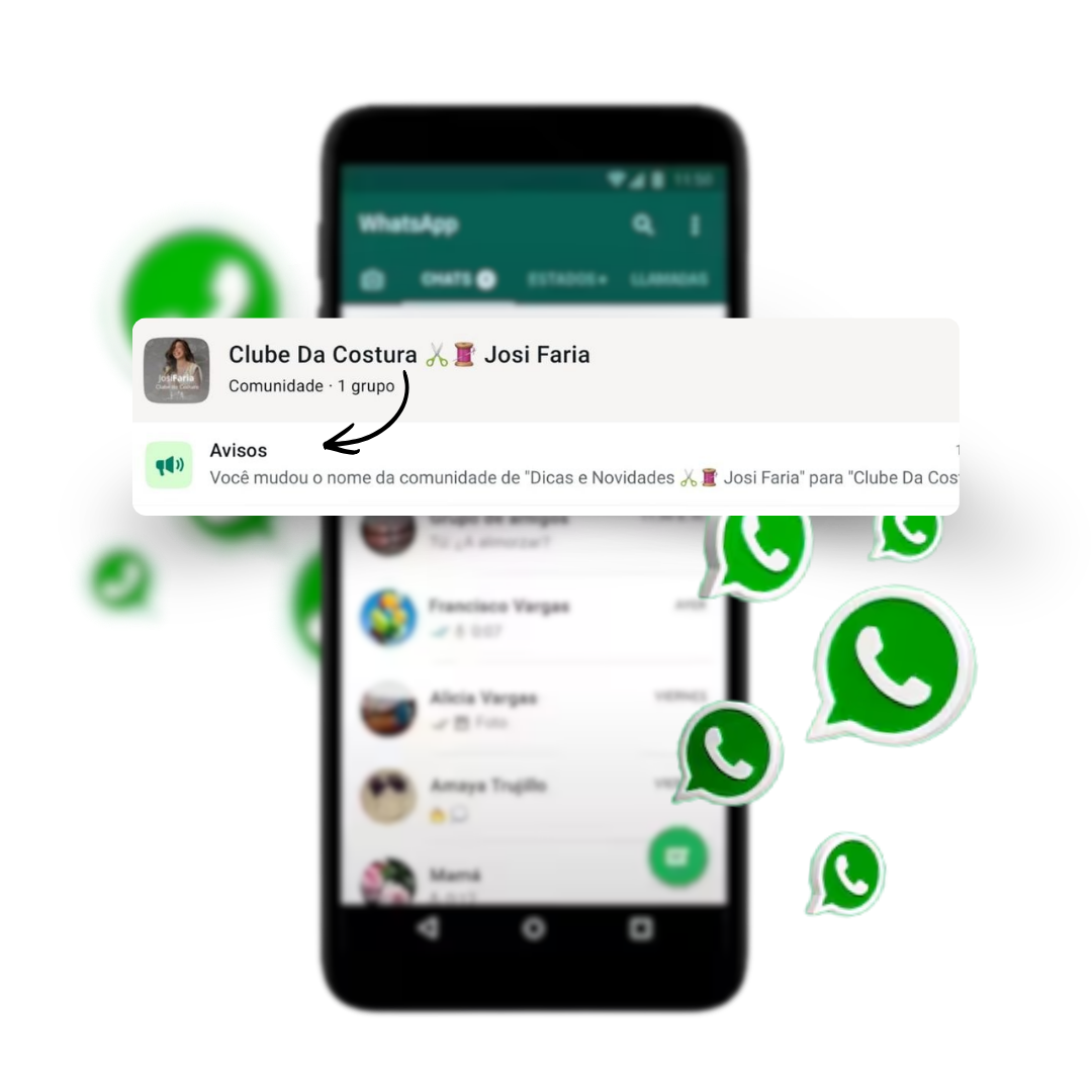 Celular exibindo a comunidade Clube da Costura da Josi Faria no WhatsApp