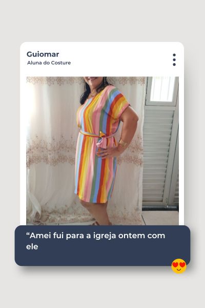Guiomar, aluna do Costure, com o Vestido Conquista costurado por ela