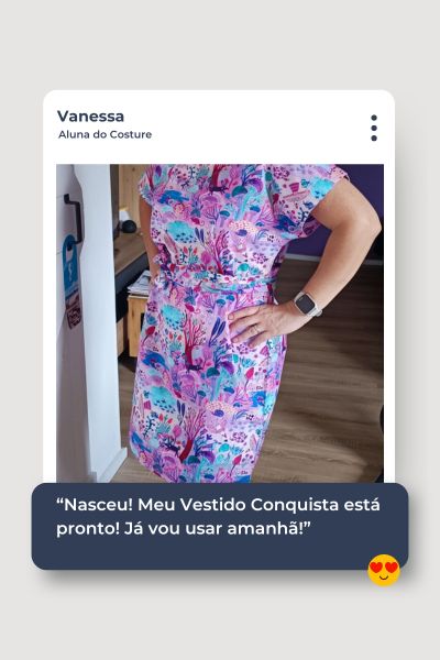 Vanessa, aluna do Costure, com o Vestido Conquista costurado por ela