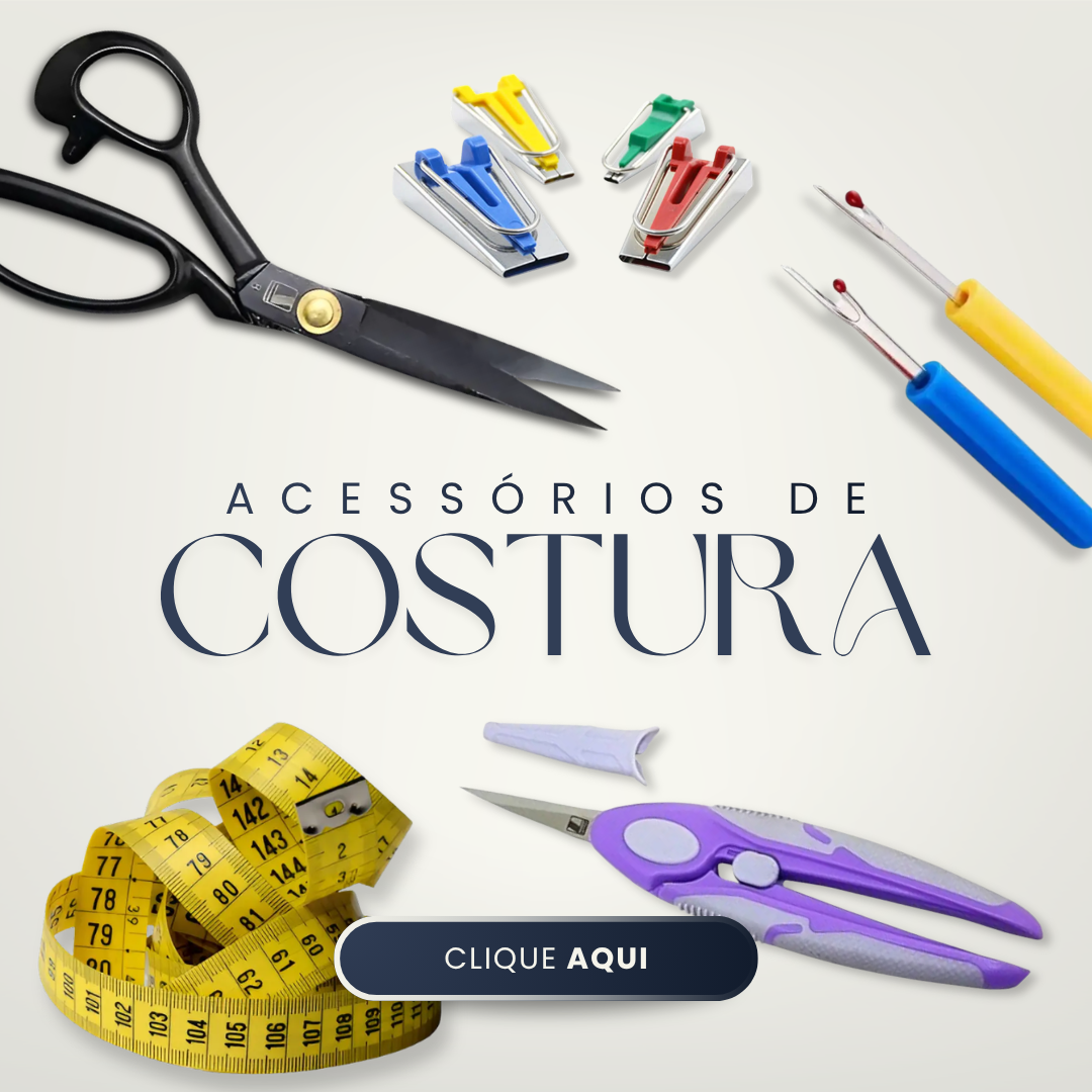 Colagem de acessórios de costura: tesouras, fitas métricas e abridores de casa