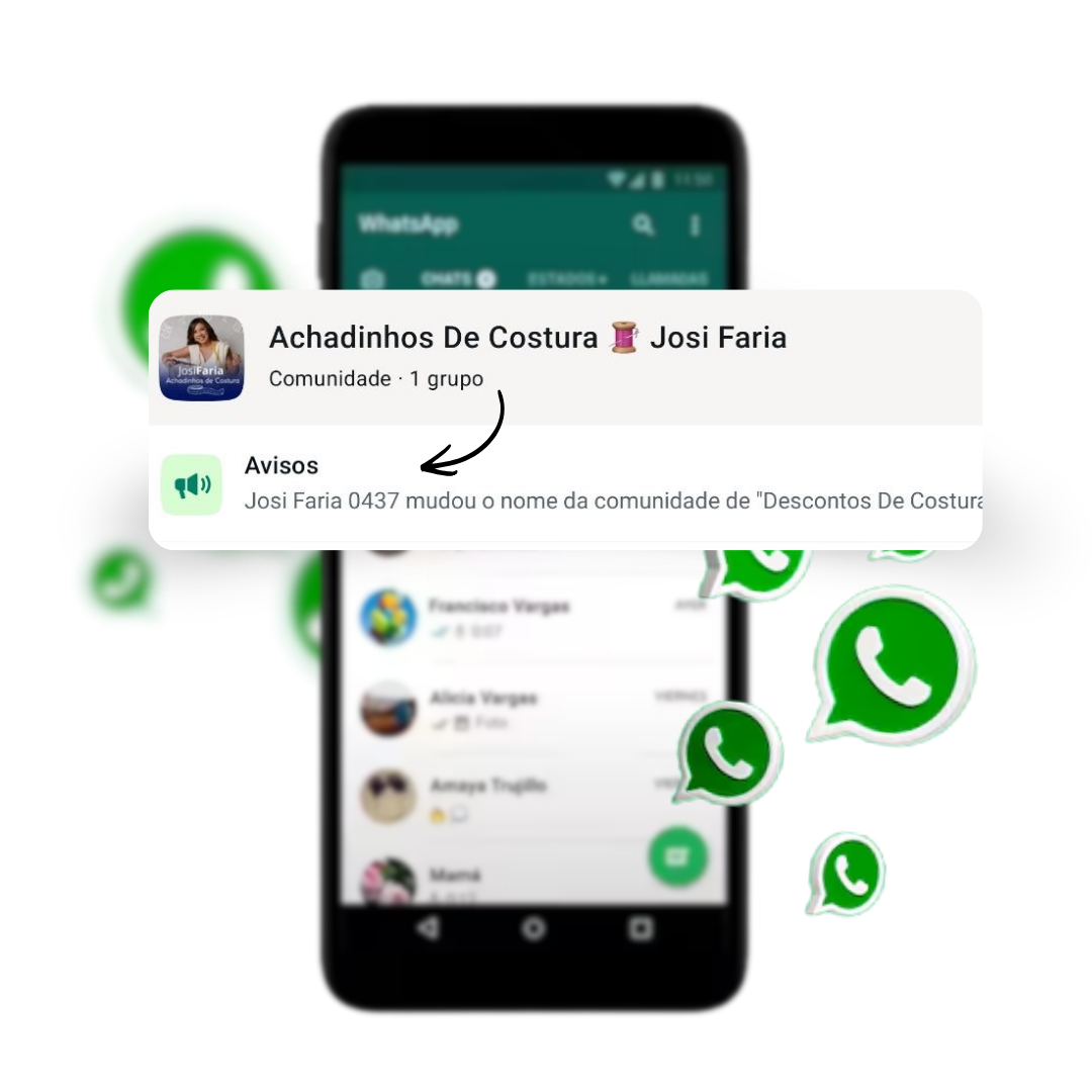 Mockup do celular mostrando a comunidade Achadinhos de Costura no WhatsApp